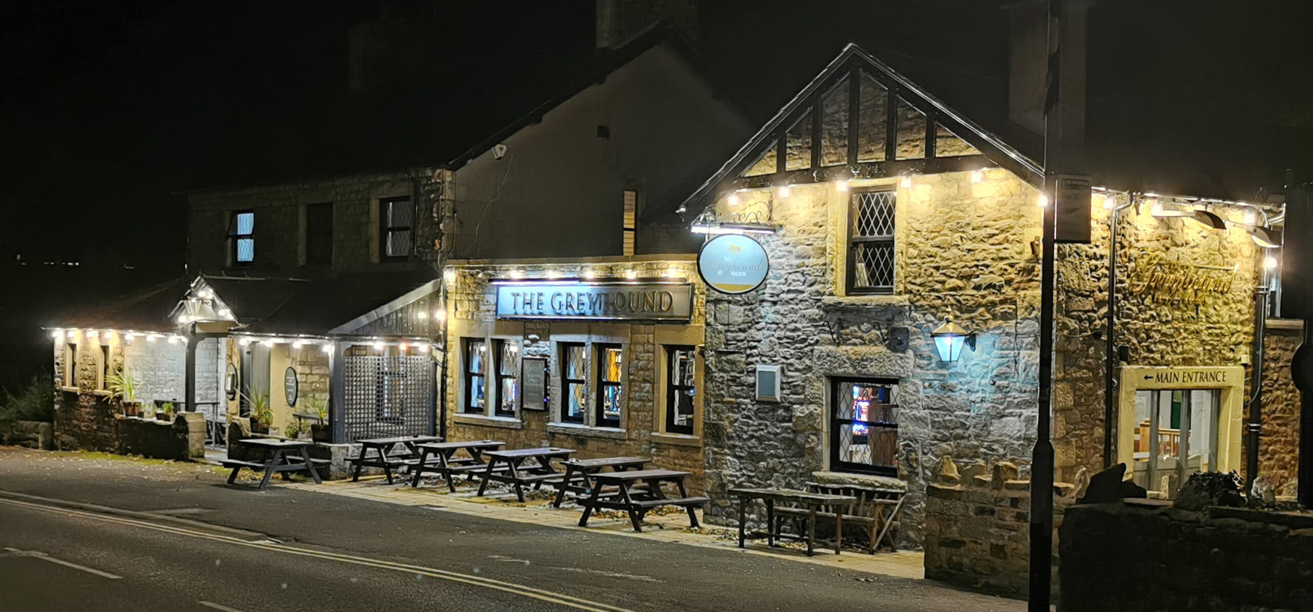 The Greyound at Halton at night