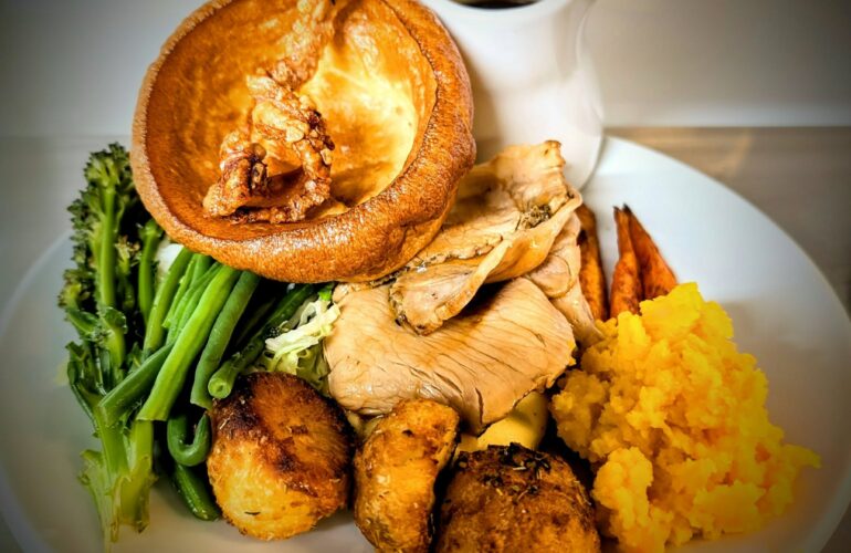Roast pork Sunday roast dinner at The Greyhound, Halton, Lancaster